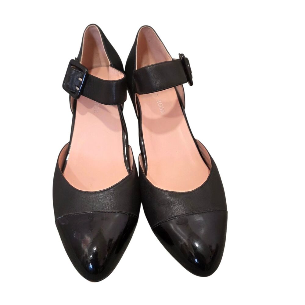 Taryn Rose Black Leather Mary Jane Pumps Patent Cap Toe Kitten Heel Size 9